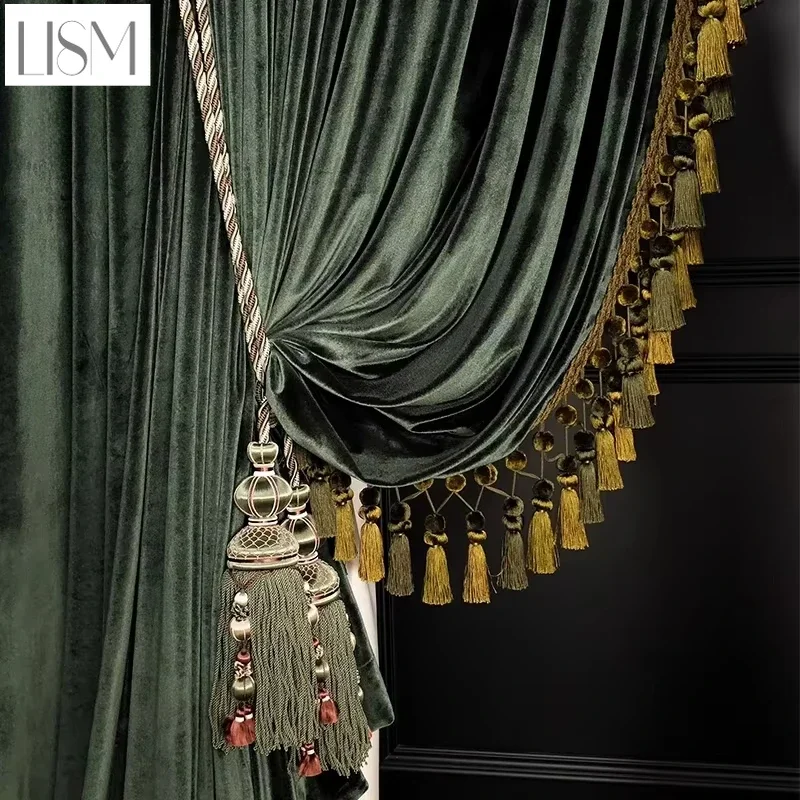 French Luxury Curtains for Living Room Bedroom Velvet Tassels Thickened Blackout Retro Dark Green Villa Decor Custom 1PC