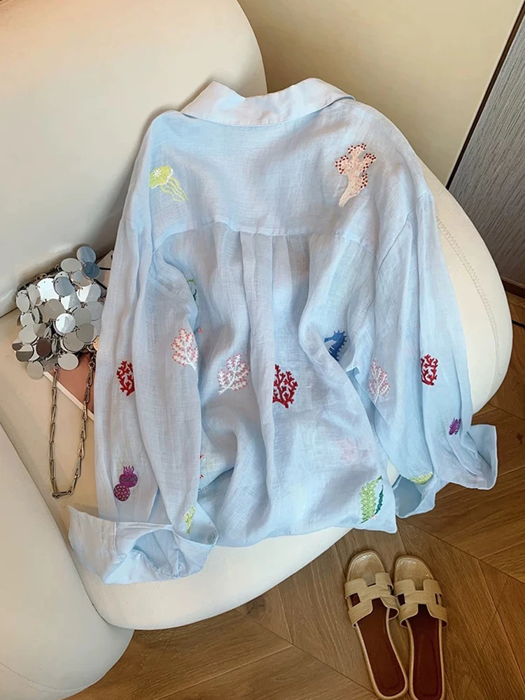 

South Oil High Board Women's Floral Embroidery irt Thin Sun Protection Loose Fit Korean Sle Long Sve Ne Design