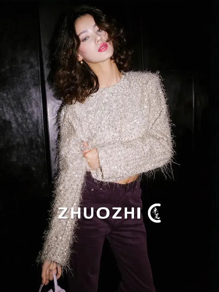 

ZhuoZhi iny Sequin Knitted Top oulder Pads Long Sve Ladylike Sle Autumn New Arrival Soft Silk Luster Commute Sle