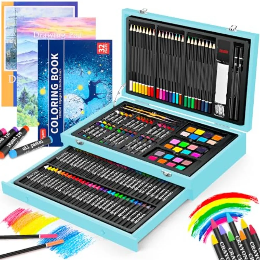 Regalos de Arte y Manualidades para Adolescentes de 6 a 14 Años, Niños y Niñas, Regalos de Navidad, Juego de Arte de 150 Piezas con 2 Blocs de Dibujo, Libro para Colorear