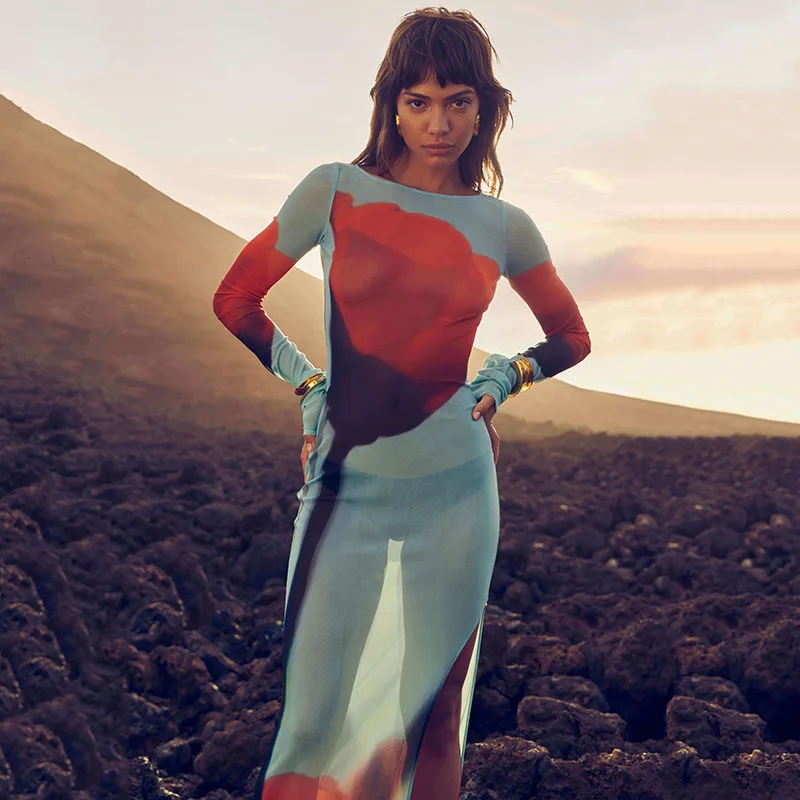 NOVEDAD DE VERANO 2025 vestido largo estampado con cuello redondo para mujer, vestido largo sexi de malla con abertura transparente a la moda