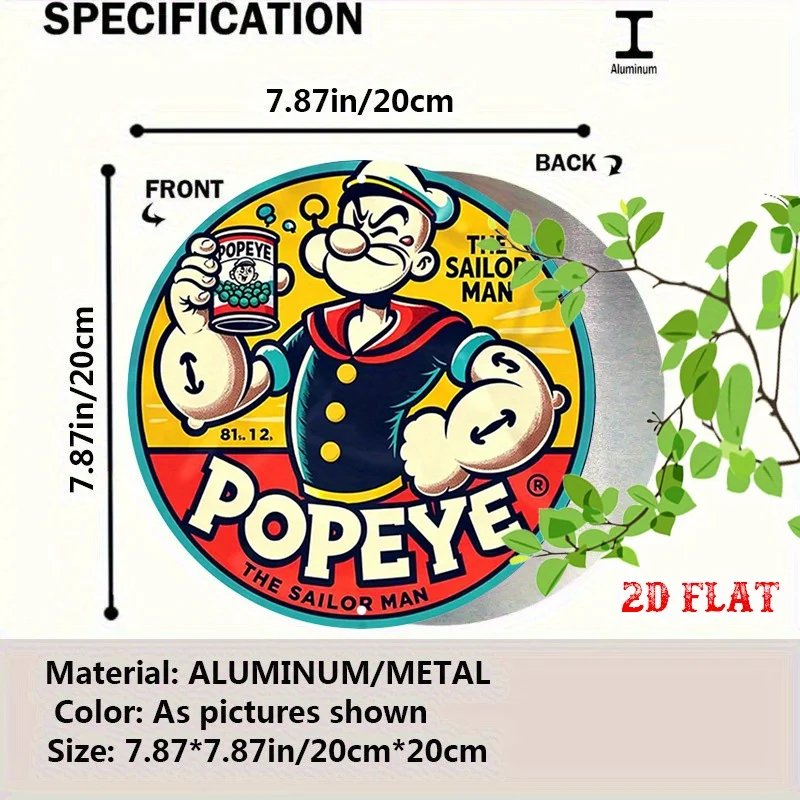 2D Flat, 1pc Classic Animation Round Aluminum Sign - 19.99x19.99 cm, Bold Colors, Retro Popeye & The Sailor for Man Metal Wall A