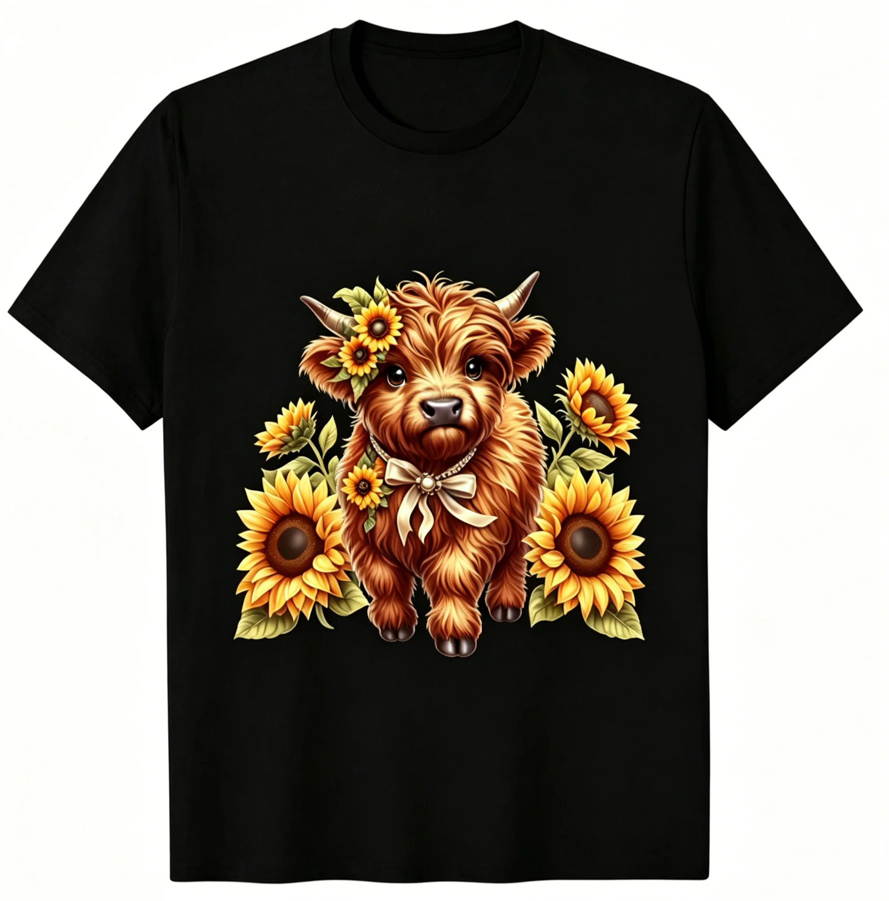 Funny Scottish Highland Cow T-Shirt Casual Round Neck ,Plus Size Regular Length Short Sleeve Casual Top Featuring a Charming Highland Cow with Sunflowers, Perfect for Everyday Wear,Made from Soft Stretchy Fabric, Perfect for Summer for Men & Women