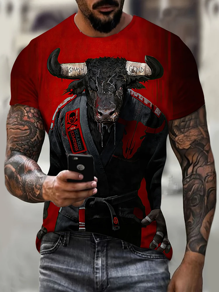 Hip-Hop Style Cartoon Bull Print Men's T-Shirt Summer Casual Everyday Top Urban Street Style Mens Oversized Short-Sleeve T-Shirt