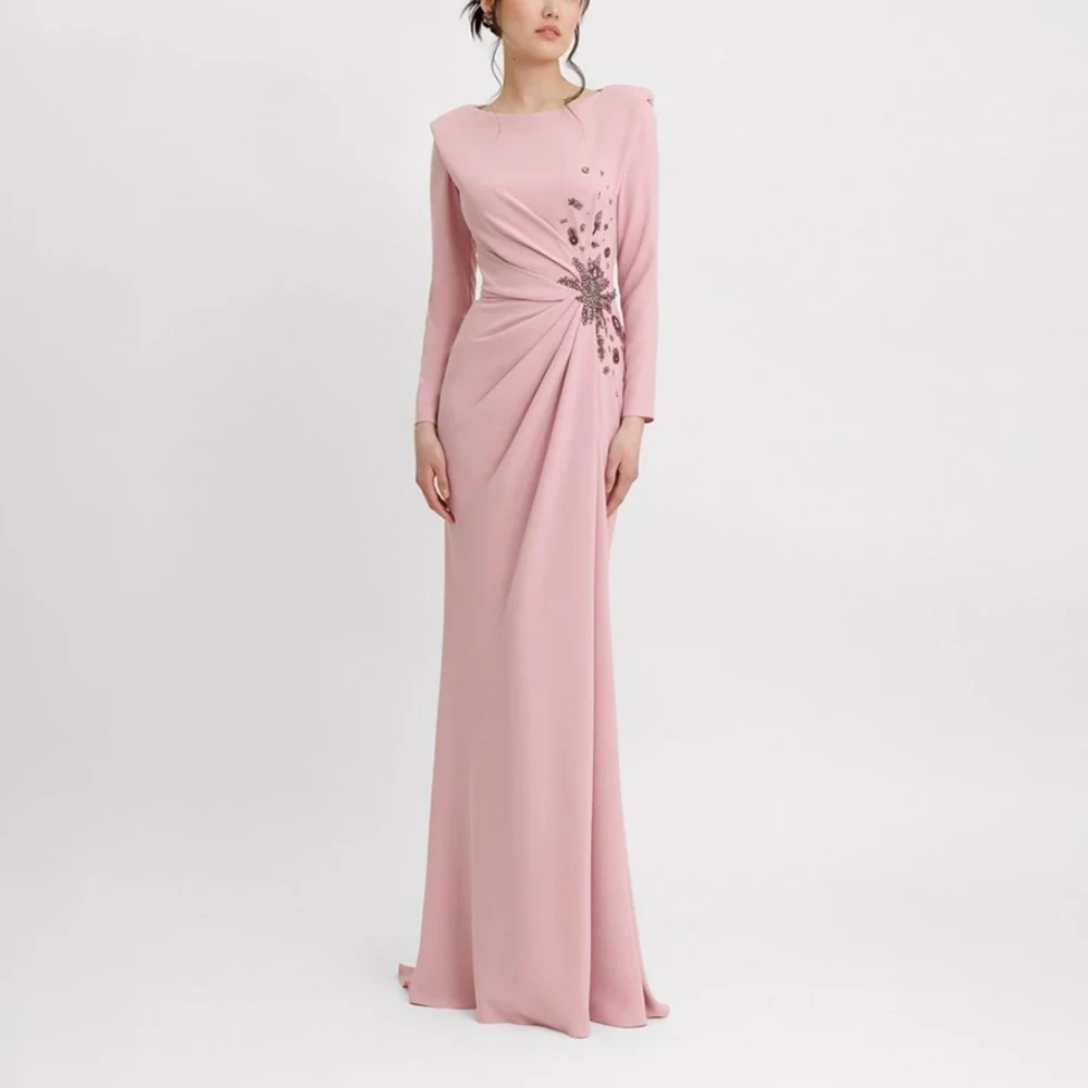 

Pink Evening Dress Customized O-Neck Long Sleeves Straight Evening Gowns for Women 2025 Floor Length Elegant Formal Party Dress