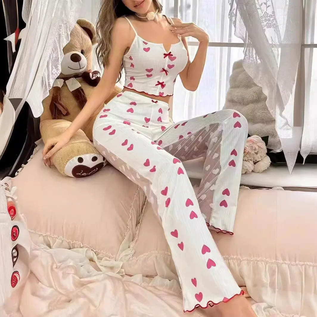 2024 Printed Color Contrasting Printed Mesh Home Clothes Front Split Strap Pajama Set