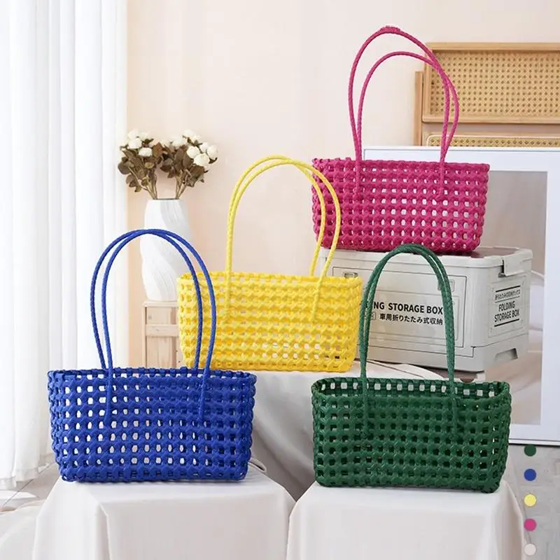 Handmade Plastic Hollow Weave Bag Countryside Style Large Capacity Beach Tote Bag Bucket Bag Woman Handbag Summer