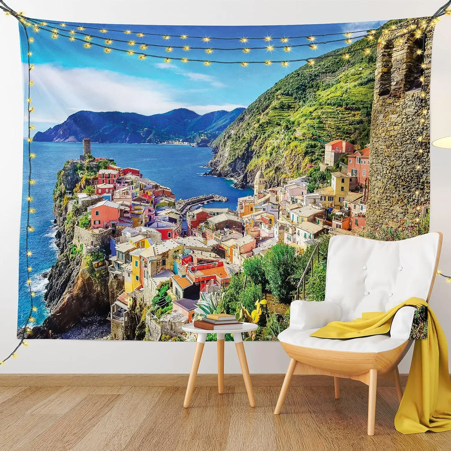 Colorful Tapestry,Scenic Image of Vernazza Village in Cinque Terre Northern Italy,Wide Wall Hanging for Bedroom Living Room Dorm