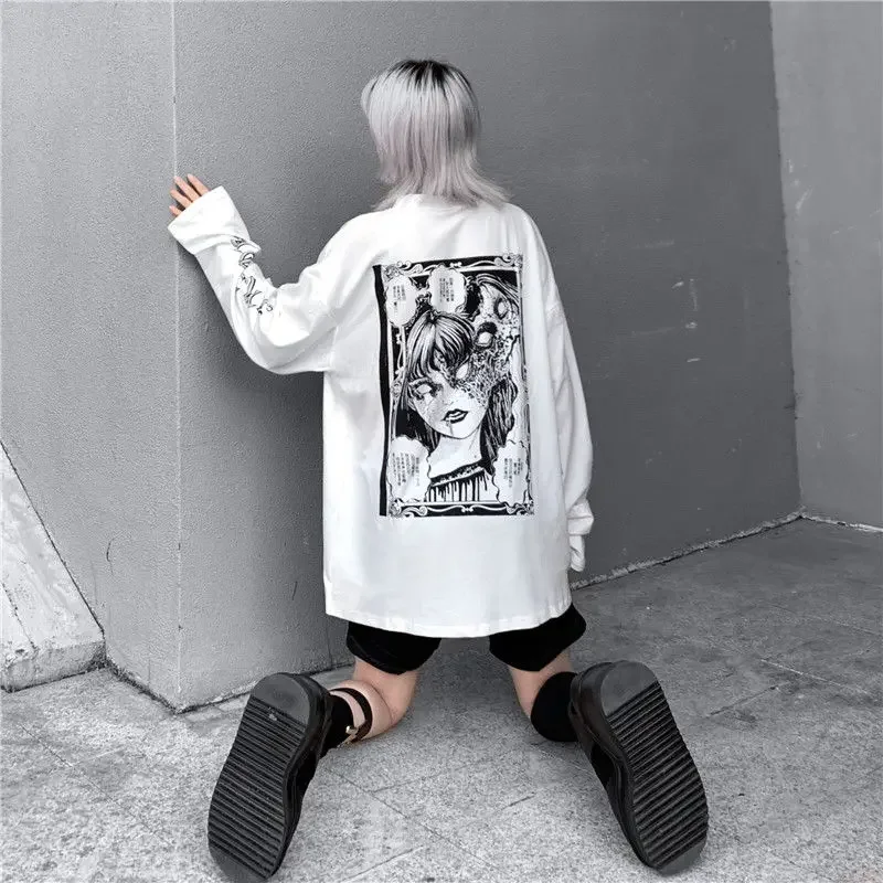 Long Sleeve White T Shirt for Women  Tshirt Goth Gothic Graphic Tee Korean Clothes Horror Emo Alt Clothing Tops 2024