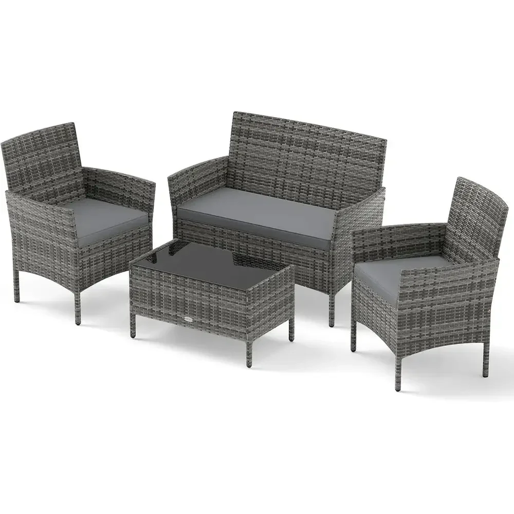 4-Piece Outdoor Bistro Set with Cushions, Glass Table, Wicker Chairs and Loveseat for Patio, Garden, or Balcony in Mix Grey