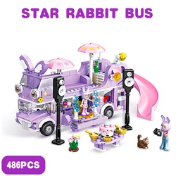 486PCS Double-Storey  Star Rabit Bus Building Blocks Toys STEM Toys Friends Figures Flower Christmas Day Purple Color Toys Girls