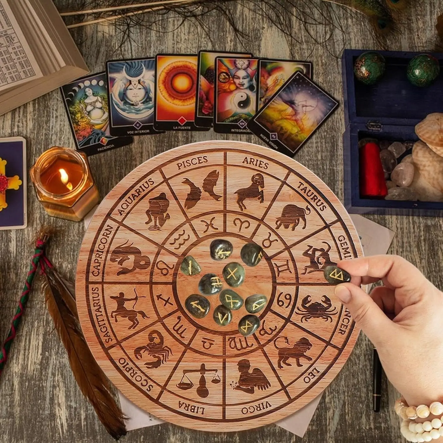 Wooden pentagram wheel, moon phases, calendar ornaments, tarot culture
