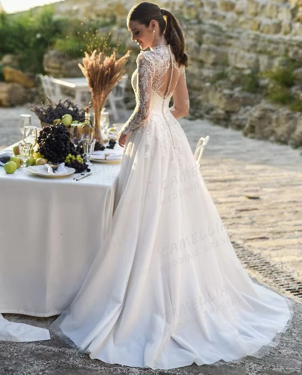 Graceful A Line 2025 Wedding Dresses Elegant Appliques High Neck Bride Gowns Illusion Long Sleeve Customized Vestidos De Novia