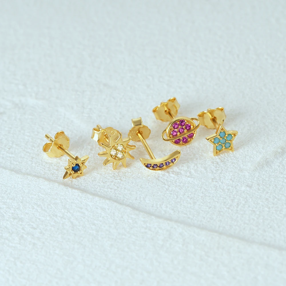 Aide 5pcs Set 925 Sterling Silver Star Moon Sun Colored Zircon 18K Gold Stud Earrings For Women ins Luxury Jewelry Gift