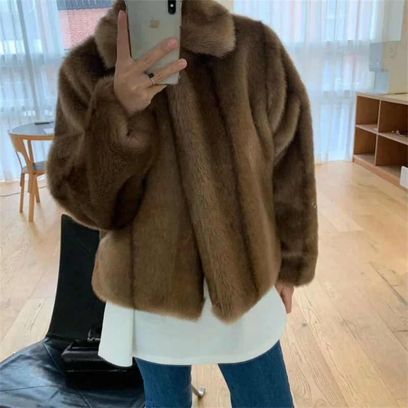 Imitation Fur New Waterproof Mink Brown Short Artificial Fur Top Korean Fashion Young Girls High Quality Fluffy Shaggy Jackets