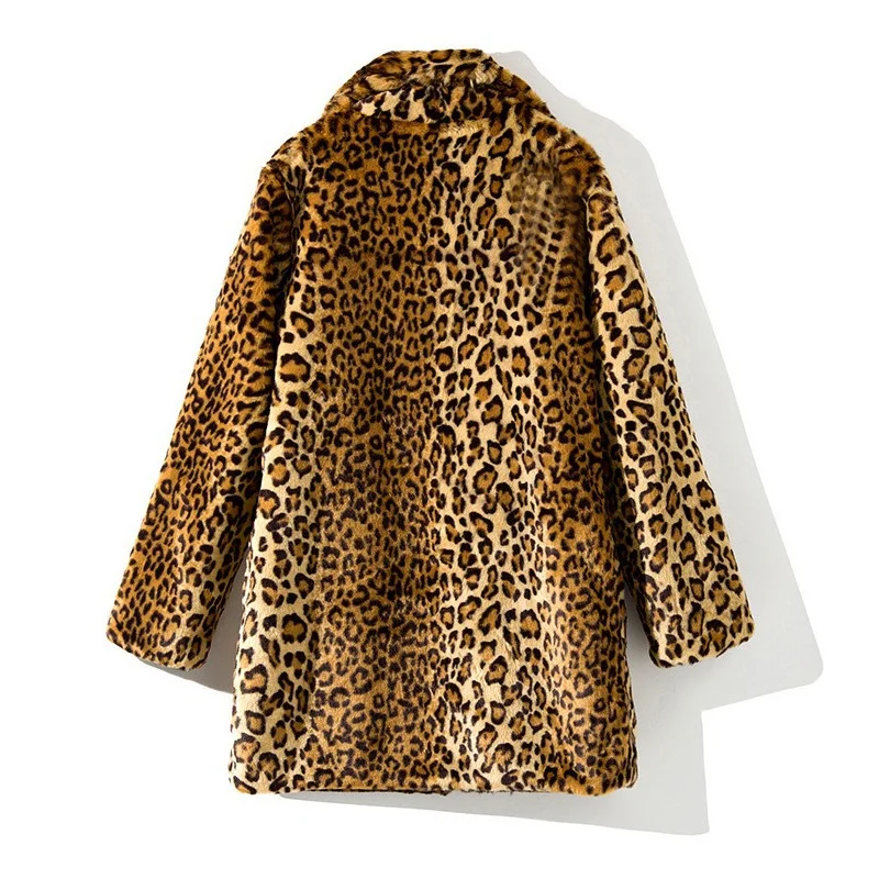 Women's Leopard Print Faux Fur Coat Long Sleeve Plush Winter Jacket Warm Fluffy Outerwear Streetwear
