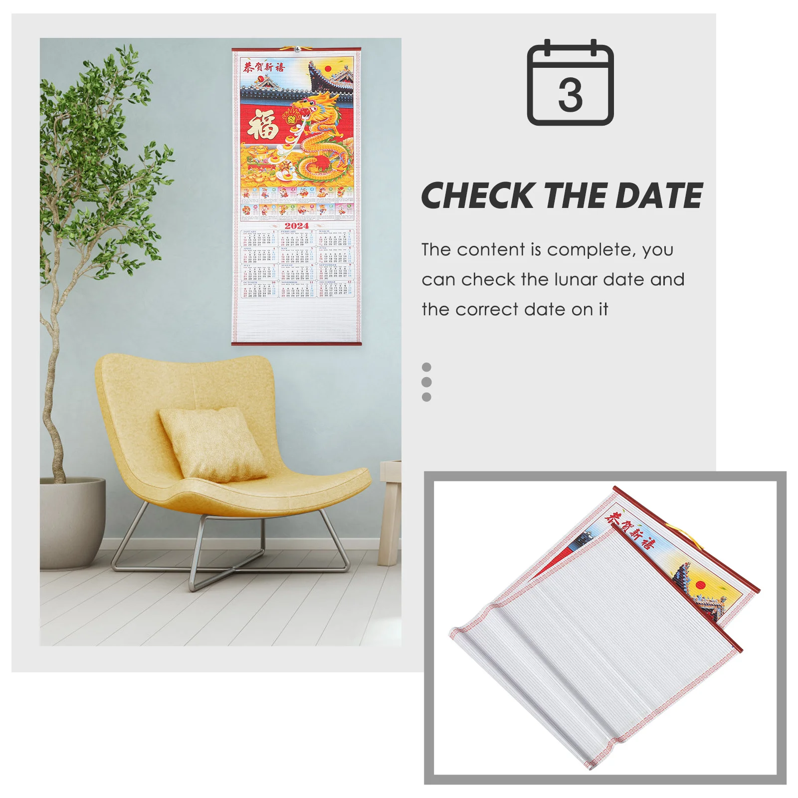 تقويم حائط سنة التنين 2024 مخطط التاريخ القمري الصيني التقليدي تقويم معلق للمنزل والمكتب والزمن السنوي #4