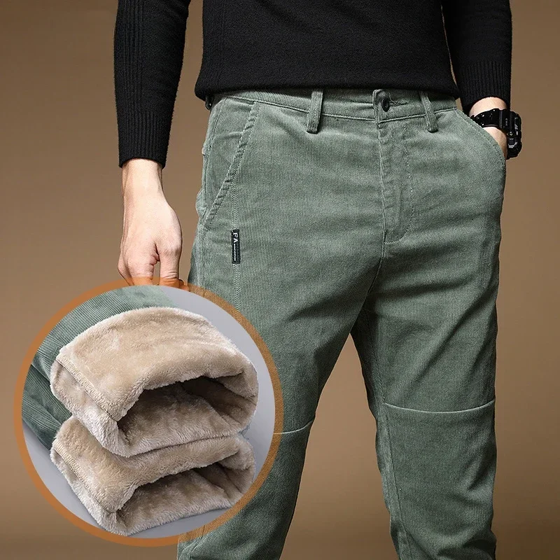 

High Quality Winter Fleece Warm Corduroy Pants Men Thick Casual Business Fashion Stretch Velvet Black Gray Green Trousers