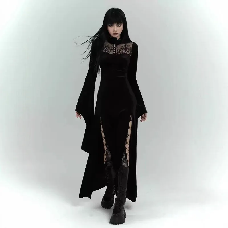 2025 neue Frauen Sexy Spitze Split Lange Kleider Ausschnitt Patchwork Lange Flare Hülse Halloween Hexe Cosplay Kleid Bodycon Party Kleid