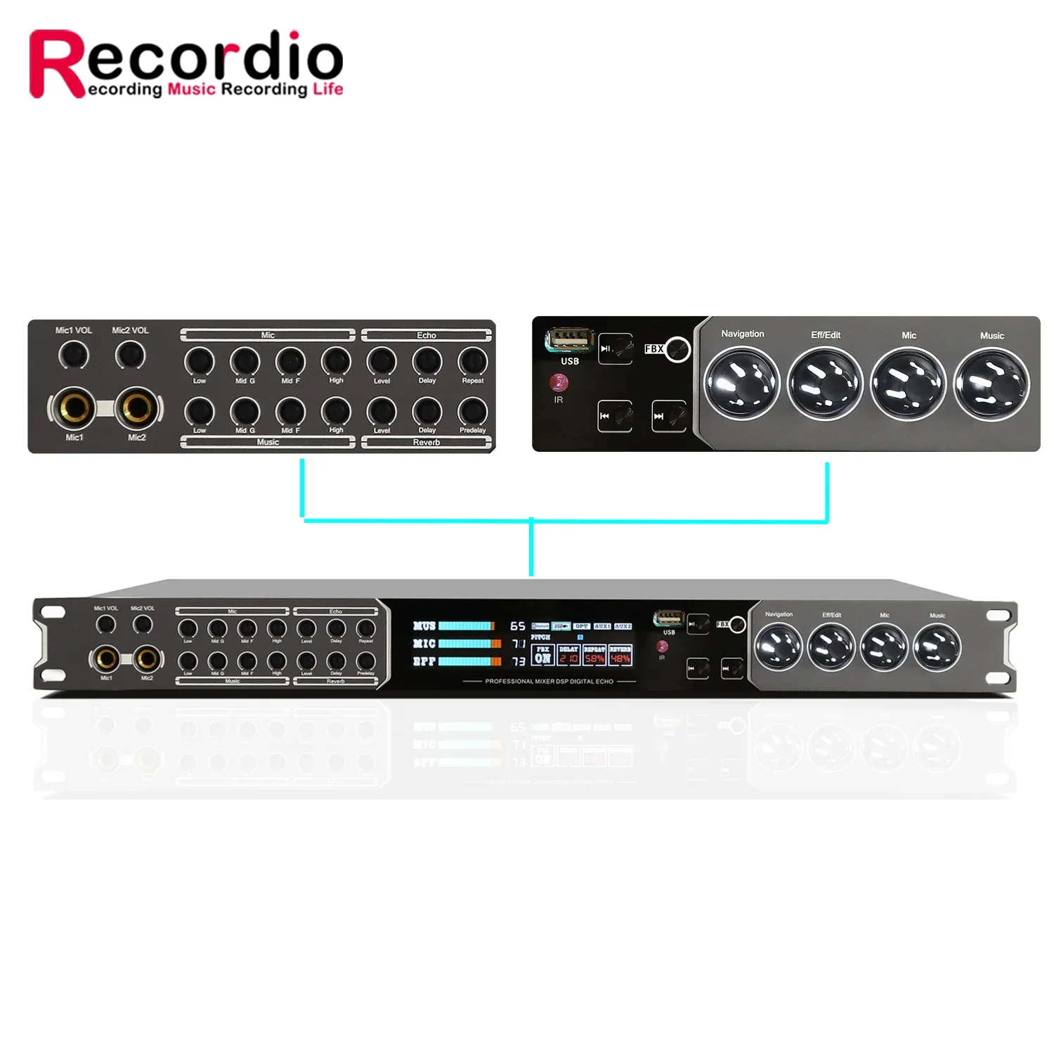 Recordio GAX-G500 Professional KTV Pre-Amplifier BT Optical Fiber Input for Conference Stage Performance (Metal Construction)