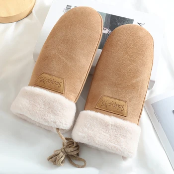 Winter Women Keep Warm Thickened Fleece Suede Halter Gloves Cute Lovely Sweety Cold Protection Mittens