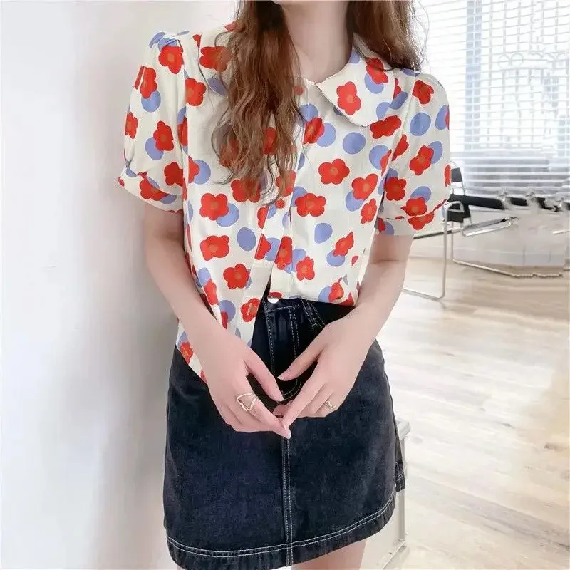 Women Summer Korean Casual Printing Chiffon Loose Polo-Neck Short Sleeve Blouse Women Clothes Sweet All-match Floral Top Tee