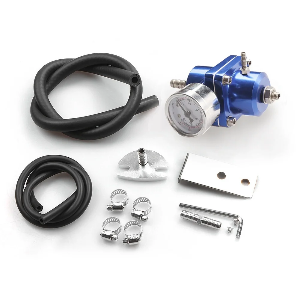 Fuel Pressure Regulator Adjustable 0 to 140 PSI with Built-in Gauge and Complete Hose Fitting Kit for General Vehicle Use