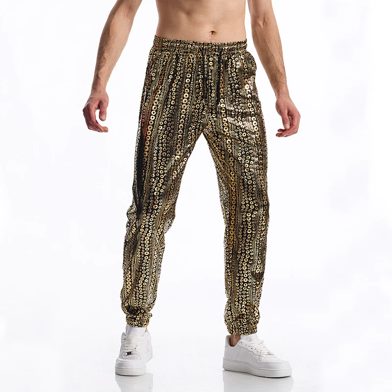 

Disco Pants for Men 2026 Gold Foil Print Retro Party Trousers with Elastic Waist & Drawstring Funky Circle Wave Design​ Bottoms