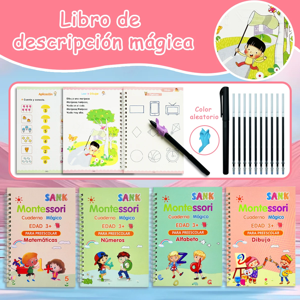 

4 Booksset Notebook Spanish Sketchbook Montessori Calligraphy Magic Book Copybook Children's Kid Handwriting Early Learn