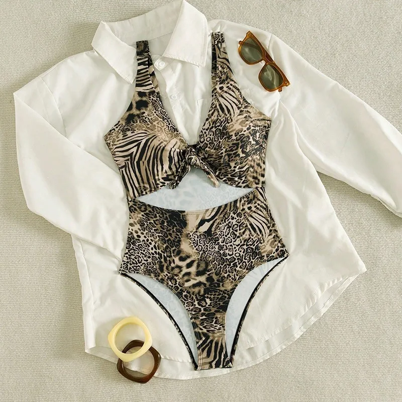 

sexy leopard print swimsuits one piece hollow out front tie bikini Swimwear bathing suit beach outfits bodysuits tankini biquini