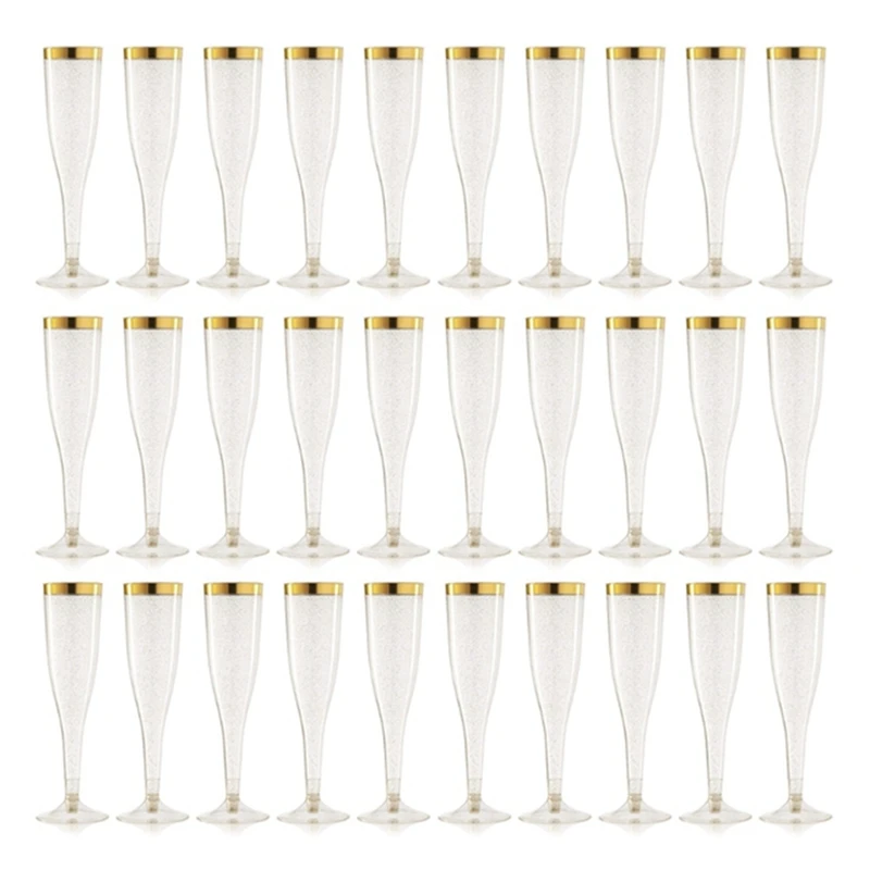 30Pcs Gold Rim Decor Disposable Plastic Wine Cups Unbreakable Clear Champagne Wine Glasses Set Shatterproof Recyclable