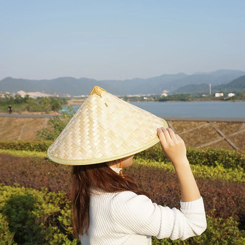 Bamboo Woven Green Conical Hat Chinese Retro Bamboo Rattan Fisherman Hat Handmade Weave Straw Bucket Hat Cone Sunshade Hat