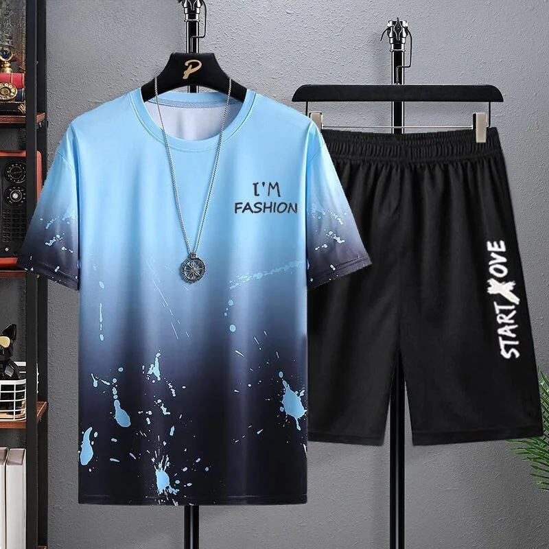 

Men's Casual Sports Ice Silk ort Sve Summer New Faionable Matching orts Korean Version Trendy Clothes Set