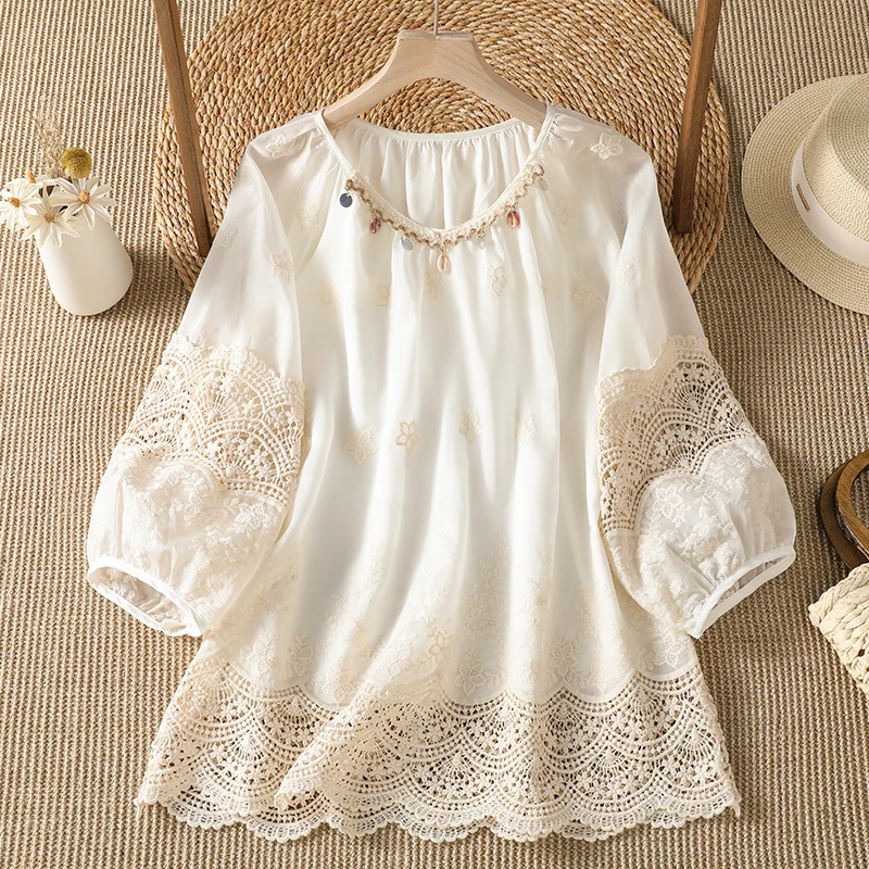 

New Chinese Style Embroidered Hollow out Large Size Women's Base Shirt Loose T-Shirt Cover Belly Summer 2026 Commute Style