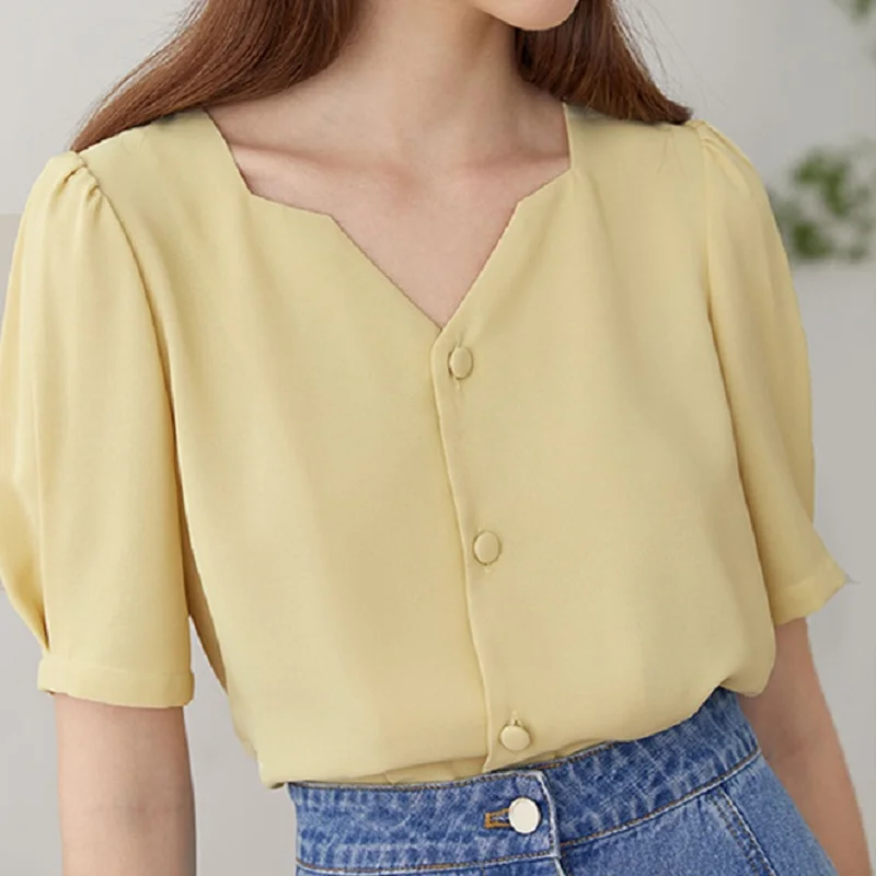 

2022 New Summer French Square Neck Bubble Short Sleeve Chiffon Blouse Women's White Shirt Vintage Tops Solid Blusas Yellow 2815