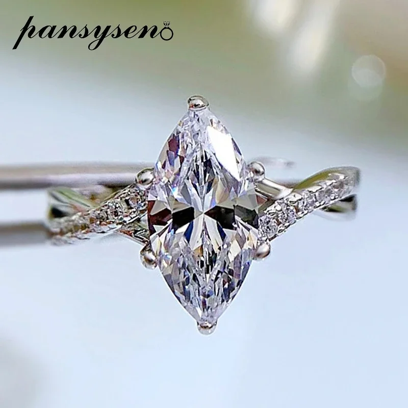 PANSYSEN 100% 925 Sterling Silver Sparkling Marquise Cut High Carbon Diamond Wedding Engagement Ring for Women Fine Jewelry