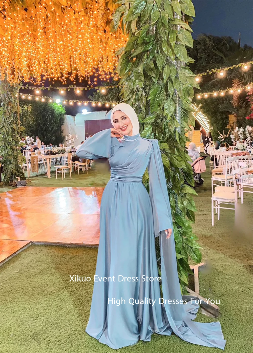 Xikuo modesto azul cetim vestidos de noite verão alta pescoço plissado vestidos cocktail arábia saudita sereia vestido de festa de baile personalizado