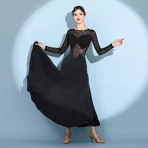 Modern Dance Evening Dress 2121 Black Lace National Standard Dance Practice Dress Waltz Social Dance Dress for Women