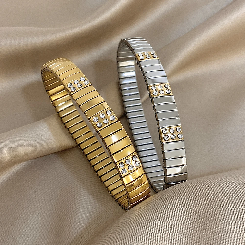 

Freetry Glossy Elastic Stainless Steel Wide Bracelet Women Waterproof Italian Strap Chain Bracelet Simple Geometric Round Bangle