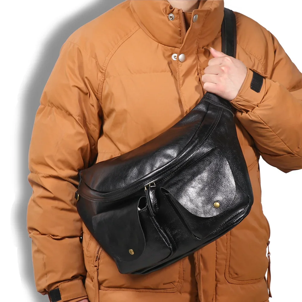 Men's Vintage Leather Chest Sling Bag Vegetable-Tanned Crossbody Backpack for Travel & Cycling