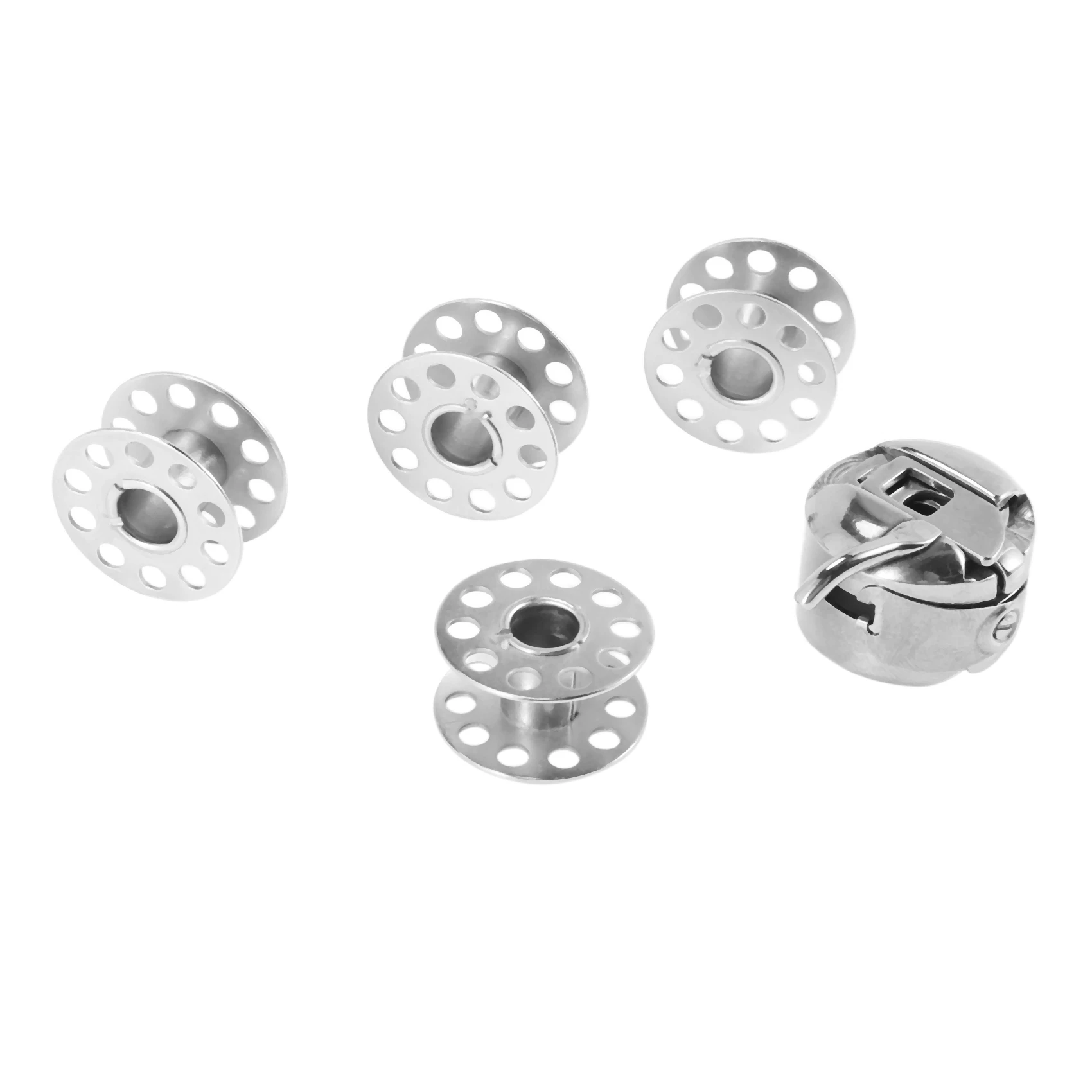 

Domestic sewing machine bobbin case + 4 bobbins will fit,brother janome,singer + more