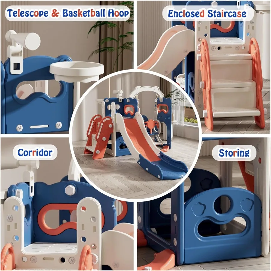 สไลเดอร์สำหรับเด็กวัย 3-5 ปี ชุดชิงช้าและสไลเดอร์สำหรับเด็กเล่นกลางแจ้งและในร่ม พร้อมห่วงบาสเก็ตบอล ลูกบอล บันได และกล้องส่องทางไกล Playgro