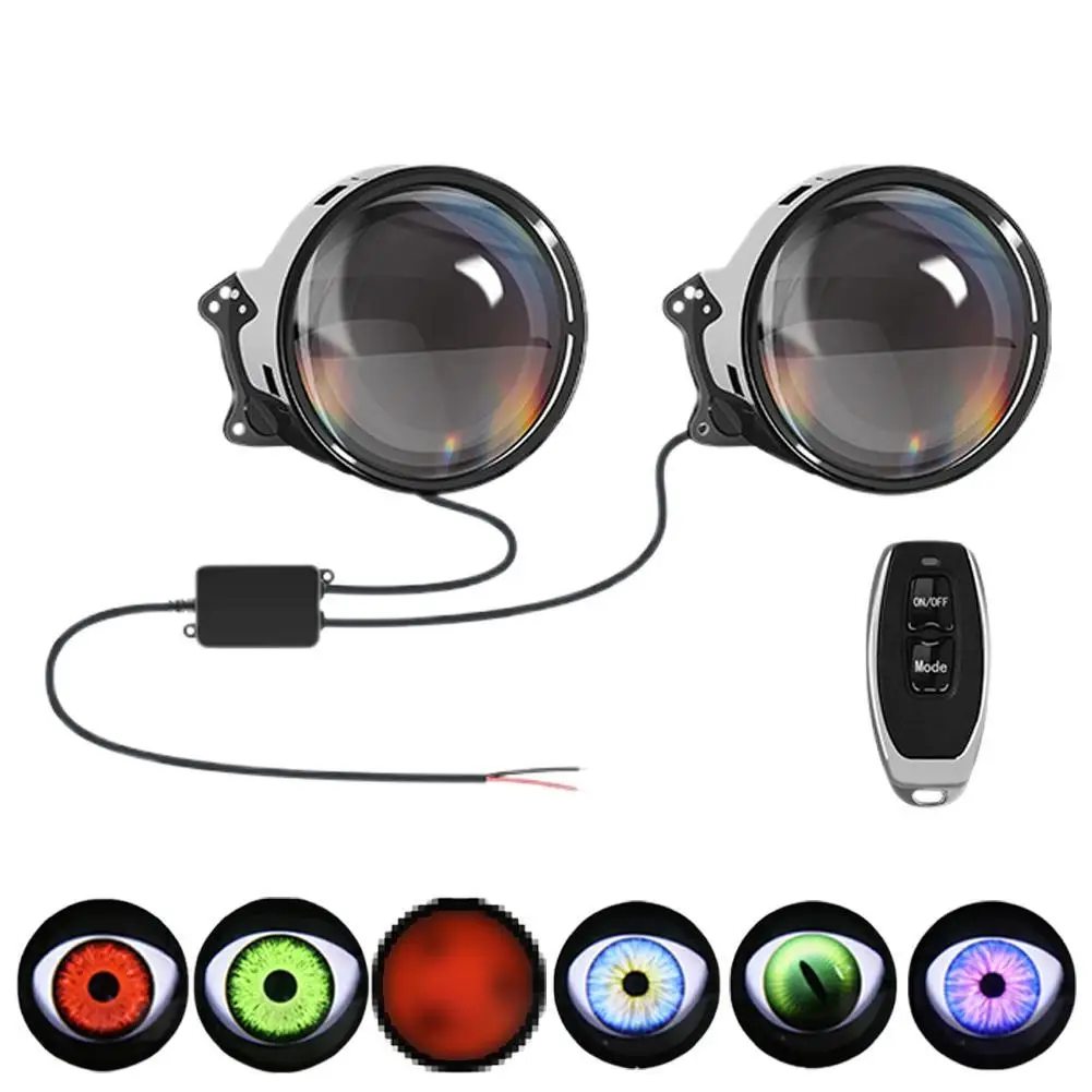 12-36V 3 Inch Dynamic Devil Eyes LED Car Lights Convex Lens Remote Control Retrofit Headlight Assembly Auto Decoration Tools