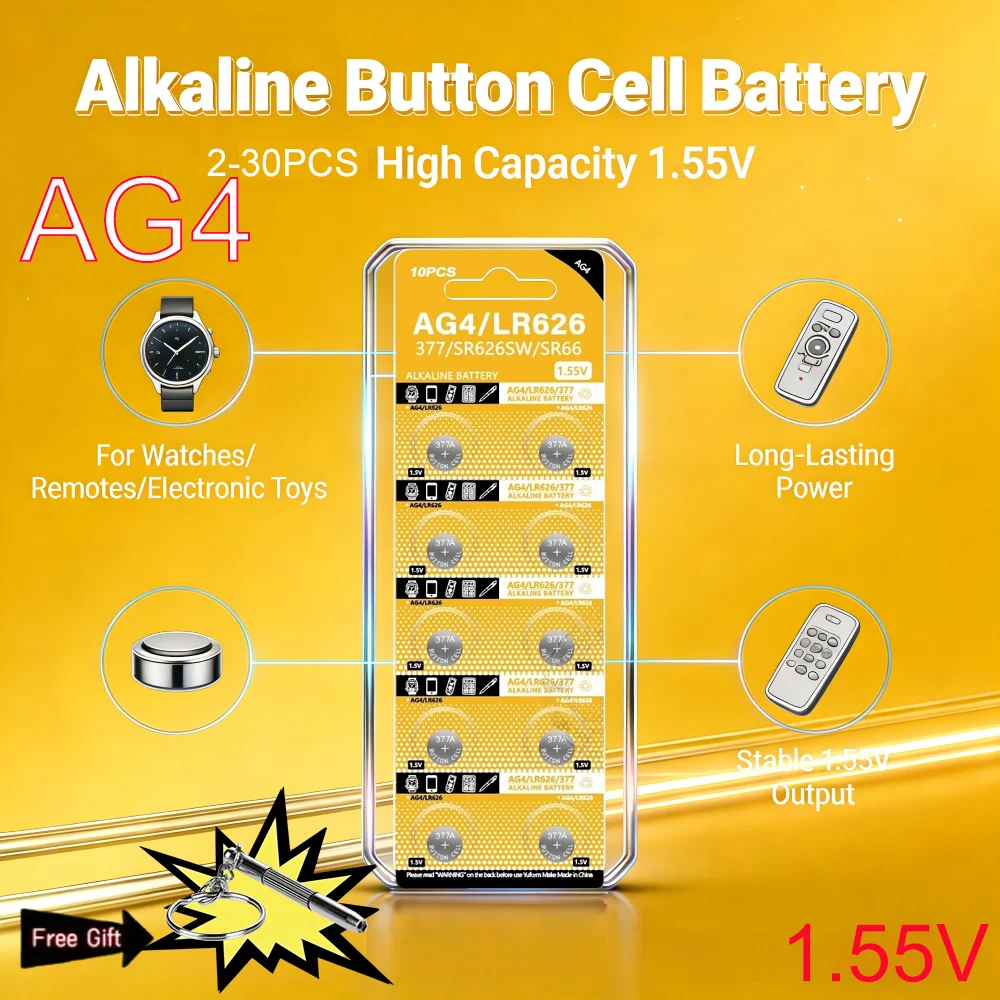 

Hot 2-30PCS AG4 LR626 1.55V Alkaline Watch Battery 377 SR626 177 626A 377A CX66W For Toy Calculator Car Key Clock Button Cell