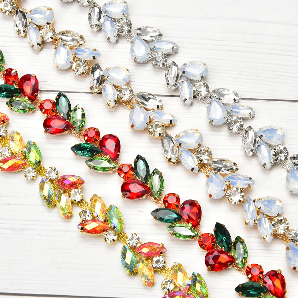 1 Yard Opal Crystal AB Red Green Color Glass Rhinestone Gold Metal Chain Flower Trim Sew on Applique DIY Clothing Accessories