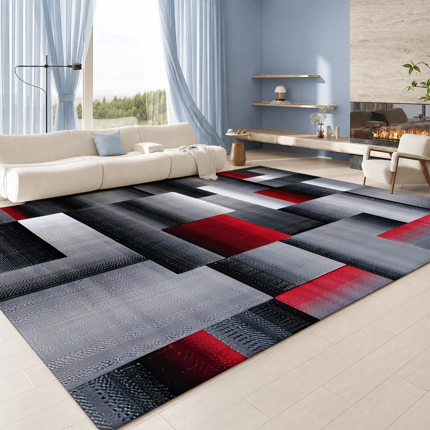 Large Indoor Area Rug, Soft Velvet Low Pile Non-Slip Dotted Backing Machine Washable Modern Geometric Gray Red Block Rug for Living Room Bedroom Home Decor