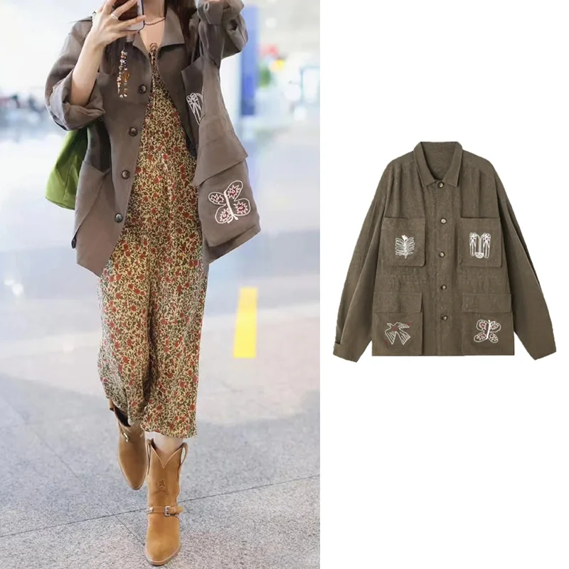 

【Gift Free】2025 Autumn Winter Retro Elegant Embroidered Bird & Butterfly Four-Pocket Loose Jacket for Women
