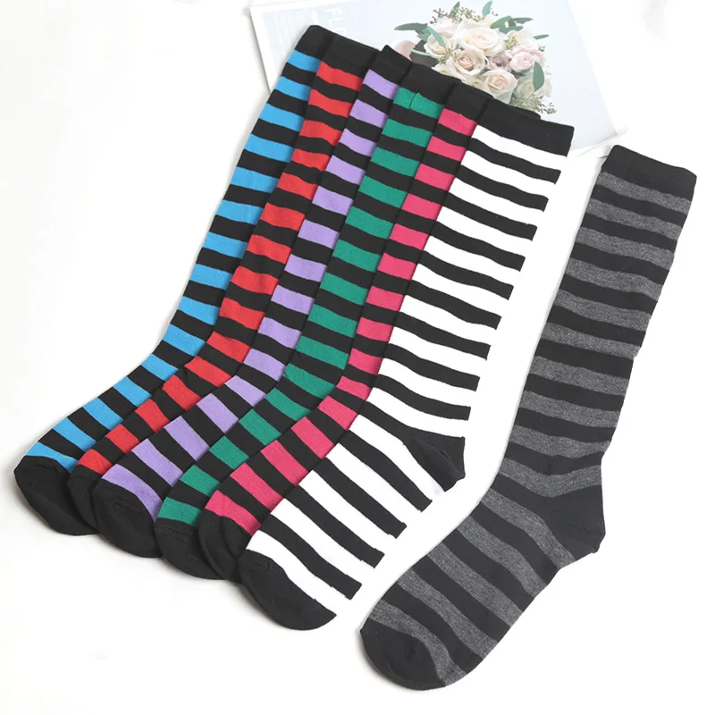 

Color Striped Stockings Japanese Knee Socks Fashion Women Keep Warm Sexy Slim Long Socks Black White Striped Hosiery