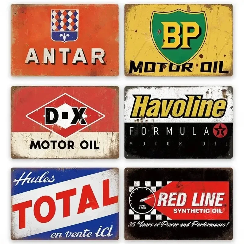 Vintage Motor Oil Brand Logo Metal Tin Sign Set, Retro Gas Station Garage Wall Art Decor, Rustic Classic Automotive Lubricant Pl