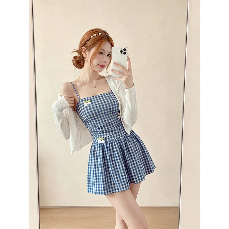 sexy blue plaid knit cherry mini dress culottes swimsuits two pieces with long sleeve cover smock top bodysuits swimwear bikinis